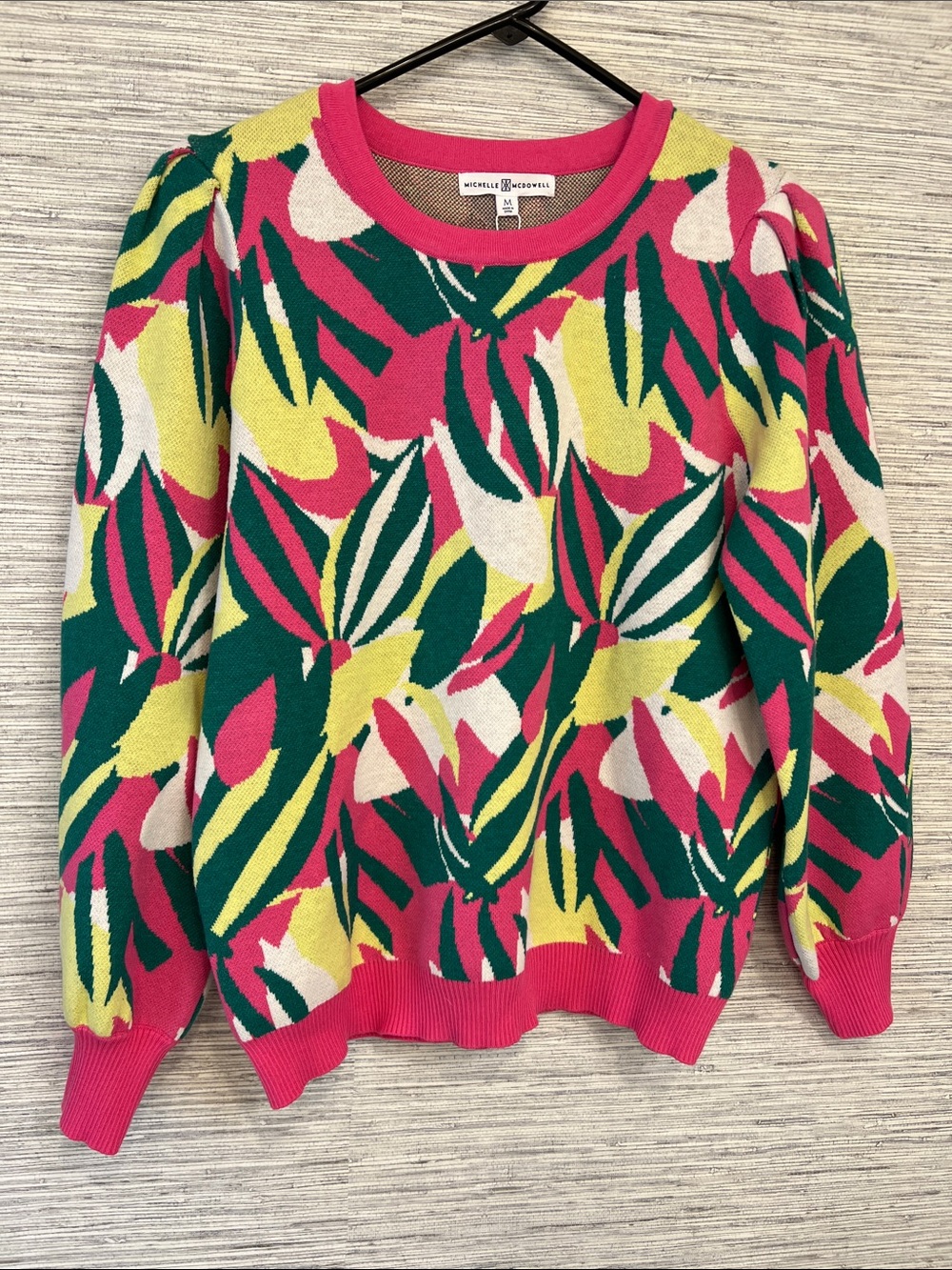 Pink Leaf-Print Crewneck Sweater
